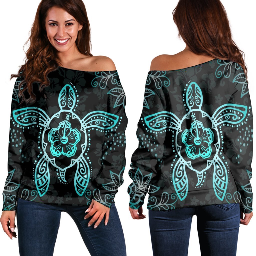 Hawaiian Turtle And Hibiscus Polynesian Women's Off Shoulder Sweater Turquoise - AH Black - Polynesian Pride