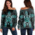 Hawaiian Turtle And Hibiscus Polynesian Women's Off Shoulder Sweater Turquoise - AH Black - Polynesian Pride