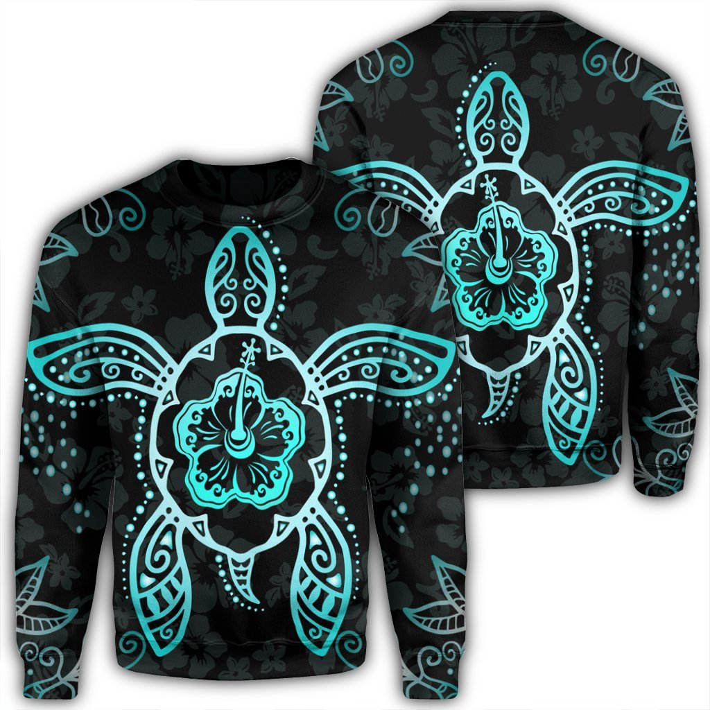 Hawaiian Turtle And Hibiscus Polynesian Sweatshirt Turquoise - AH Unisex Black - Polynesian Pride