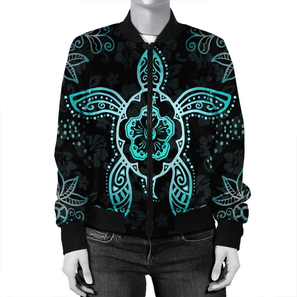 Hawaiian Turtle And Hibiscus Polynesian Bomber Jacket Turquoise - AH - Polynesian Pride