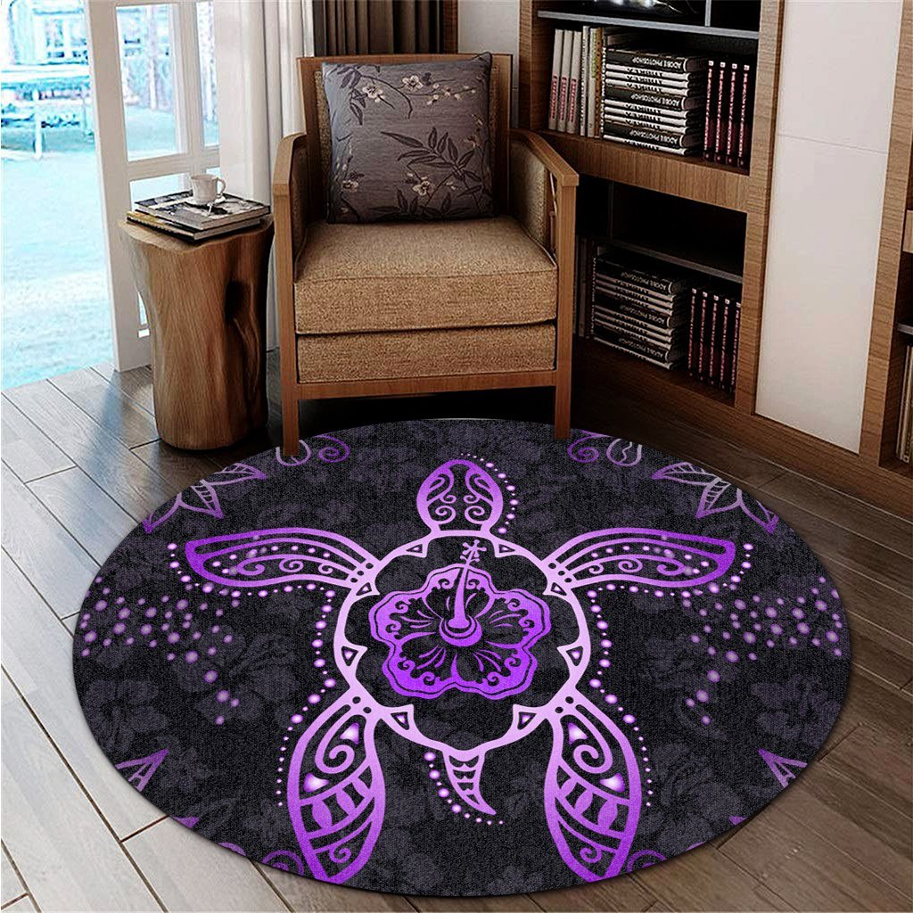 Hawaiian Turtle And Hibiscus Polynesian Round Carpet Violet - AH - Polynesian Pride