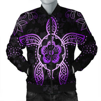 Hawaiian Turtle And Hibiscus Polynesian Bomber Jacket Violet - AH Black Unisex - Polynesian Pride