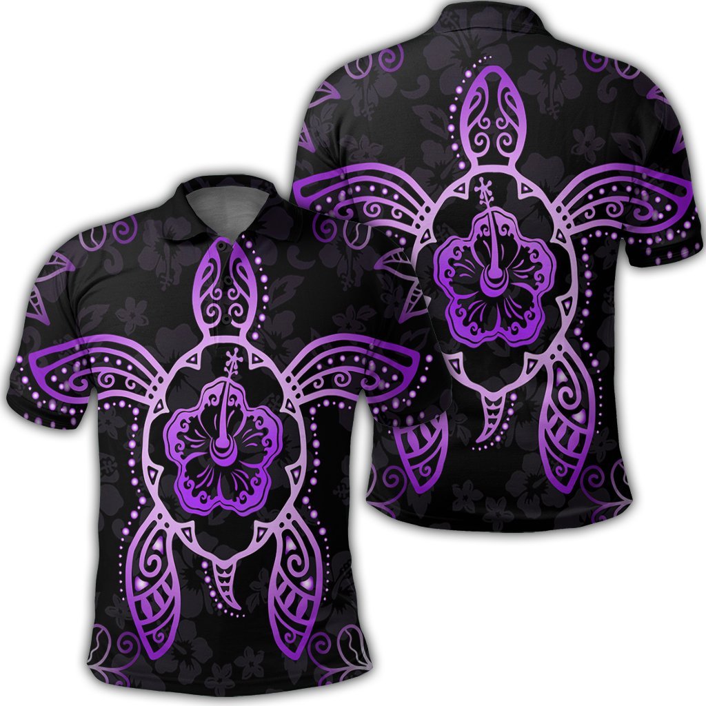 Hawaiian Turtle and Hibiscus Polynesian Polo Shirt Violet Unisex Black - Polynesian Pride