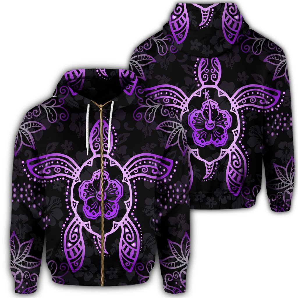 Hawaiian Turtle and Hibiscus Polynesian Zip Hoodie Violet Unisex Art - Polynesian Pride
