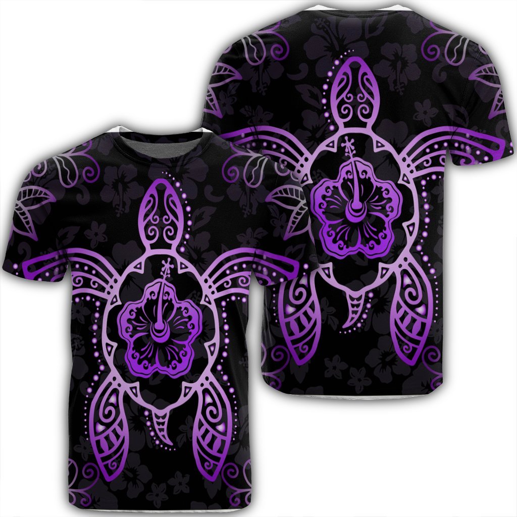 Hawaiian Turtle And Hibiscus Polynesian T Shirt Violet AH Unisex Black - Polynesian Pride