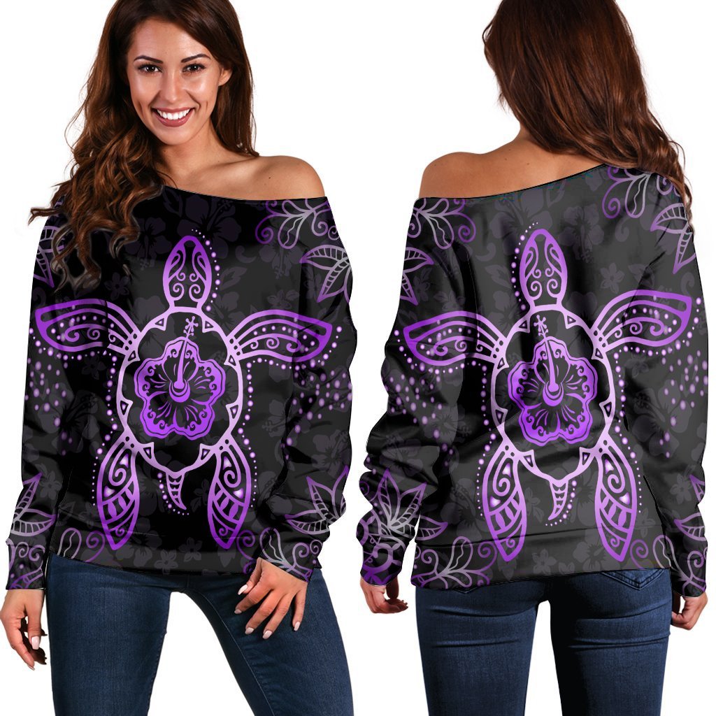 Hawaiian Turtle And Hibiscus Polynesian Women's Off Shoulder Sweater Violet - AH Black - Polynesian Pride