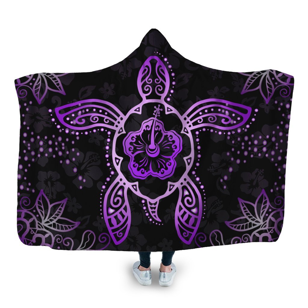 Hawaiian Turtle And Hibiscus Polynesian Hooded Blanket Violet - AH Hooded Blanket White - Polynesian Pride