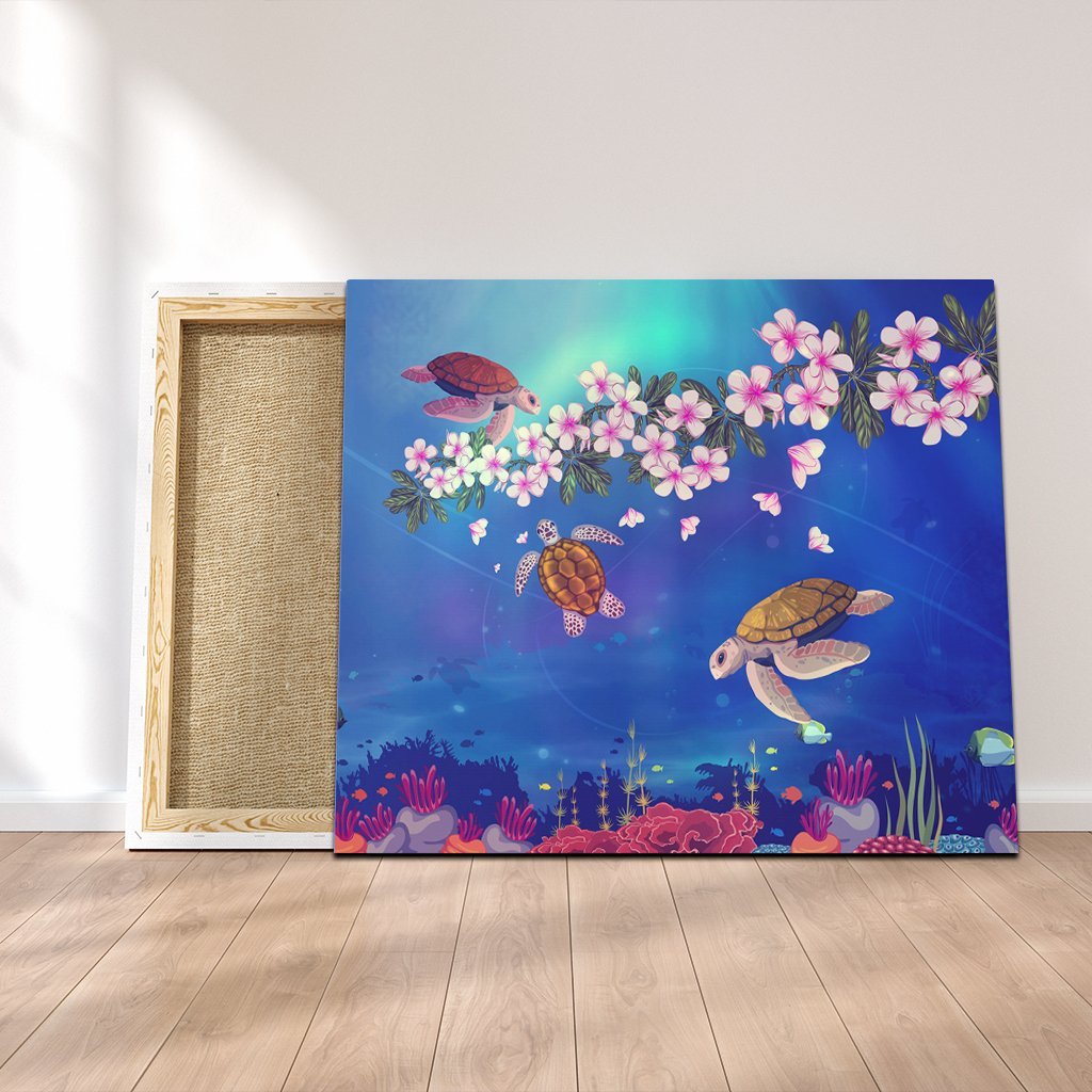 Hawaiian Turtle And Plumeria Pattern Polynesian Canvas - AH Canvas Poly-cotton - Polynesian Pride