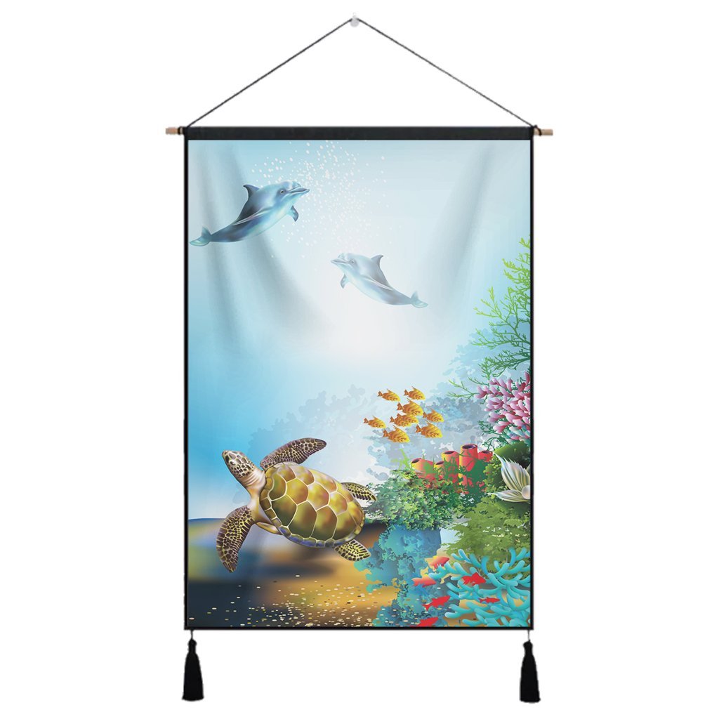 Hawaiian Turtle Dolphin In The Ocean Polynesian Hanging Poster - AH Hanging Poster Cotton And Linen - Polynesian Pride