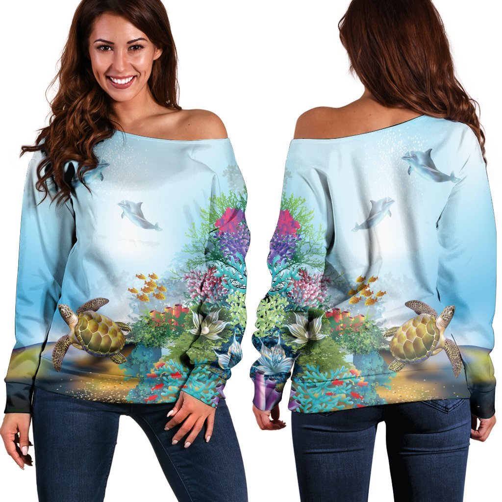 Hawaiian Turtle Dolphin In The Ocean Polynesian Women's Off Shoulder Sweater - AH Black - Polynesian Pride