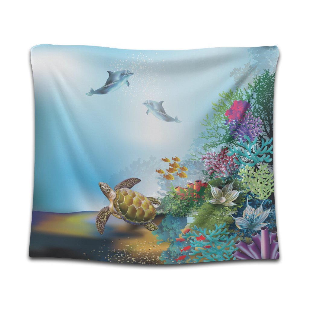 Hawaiian Turtle Dolphin In The Ocean Polynesian Tapestry - AH Wall Tapestry Black - Polynesian Pride