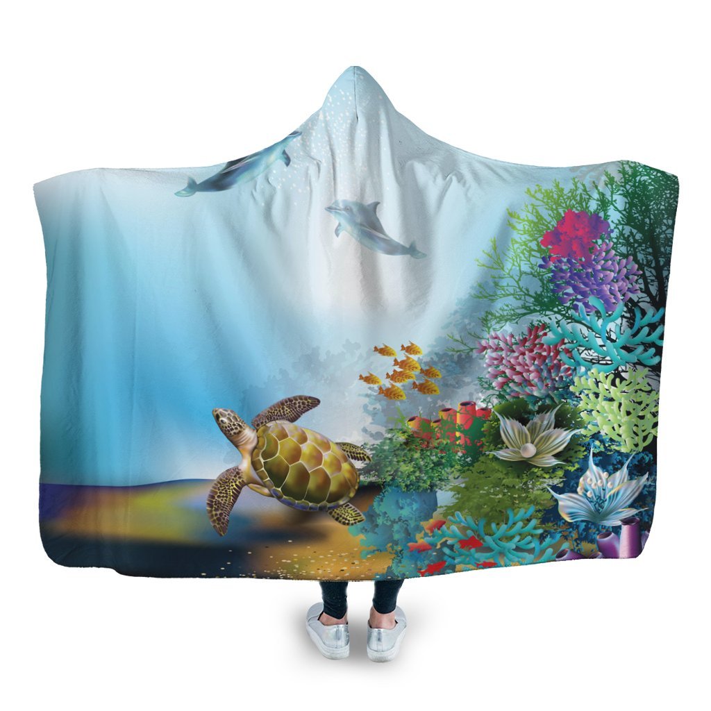 Hawaiian Turtle Dolphin In The Ocean Polynesian Hooded Blanket - AH Hooded Blanket White - Polynesian Pride