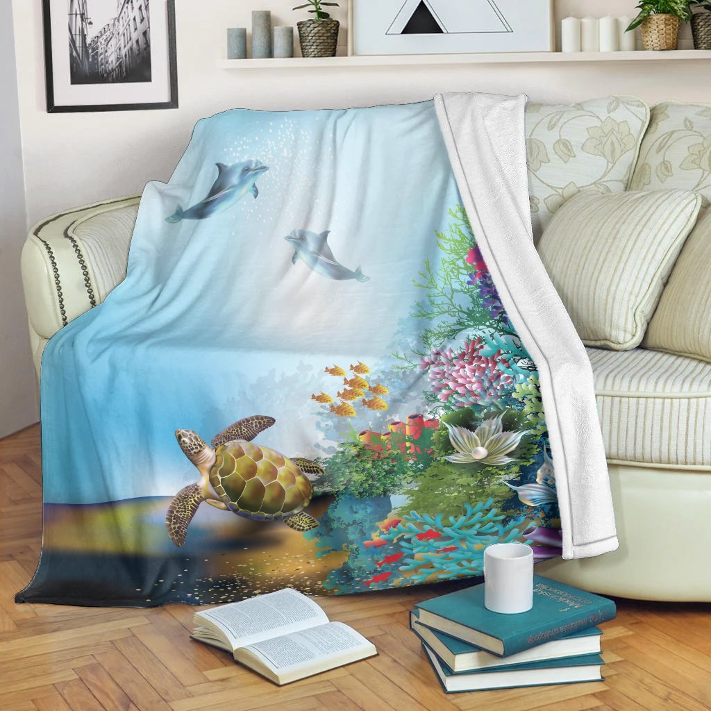 Hawaiian Turtle Dolphin In The Ocean Polynesian Set Premium Blankets - AH White - Polynesian Pride