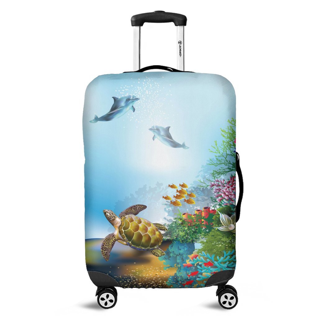 Hawaiian Turtle Dolphin In The Ocean Polynesian Luggage Covers - AH Black - Polynesian Pride