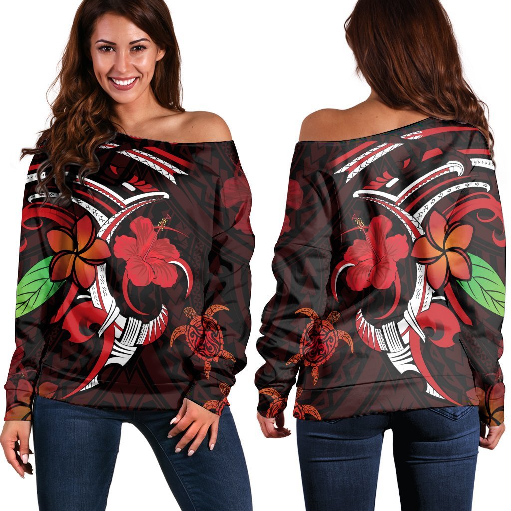 Hawaiian Turtle Hibiscus And Plumeria Flower Polynesian Women's Off Shoulder Sweater - AH Black - Polynesian Pride