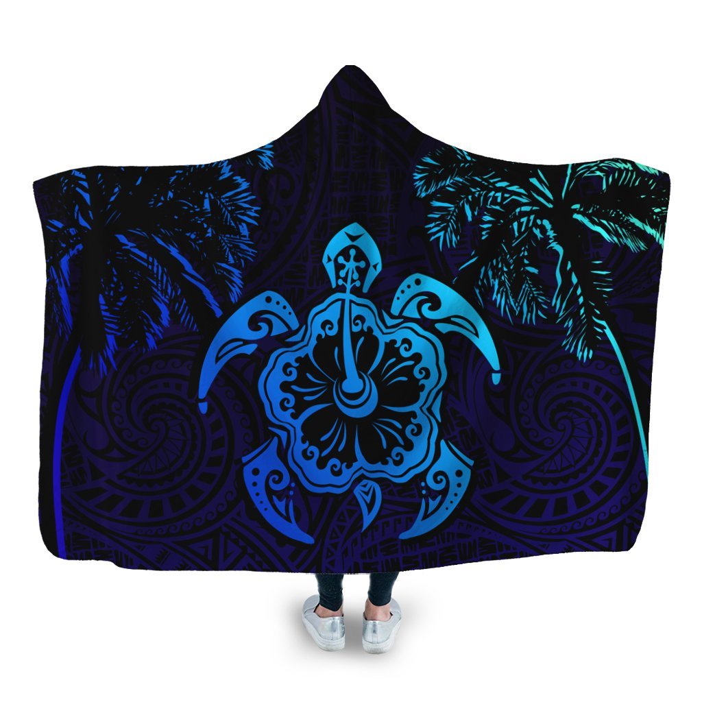 Hawaiian Turtle Hibiscus Coconut Tree Polynesian Hooded Blanket AH Hooded Blanket White - Polynesian Pride