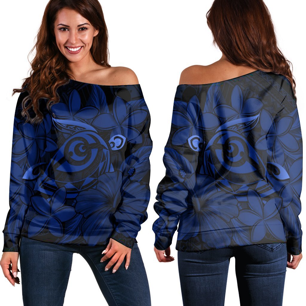 Hawaiian Turtle Hibiscus Plumeria Kanaka Polynesian Women's Off Shoulder Sweater Blue - Soft Style - AH Black - Polynesian Pride