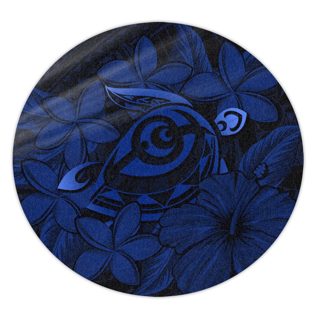 Hawaiian Turtle Hibiscus Plumeria Kanaka Polynesian Round Carpet Blue - Soft Style - AH Round Carpet Luxurious Plush - Polynesian Pride