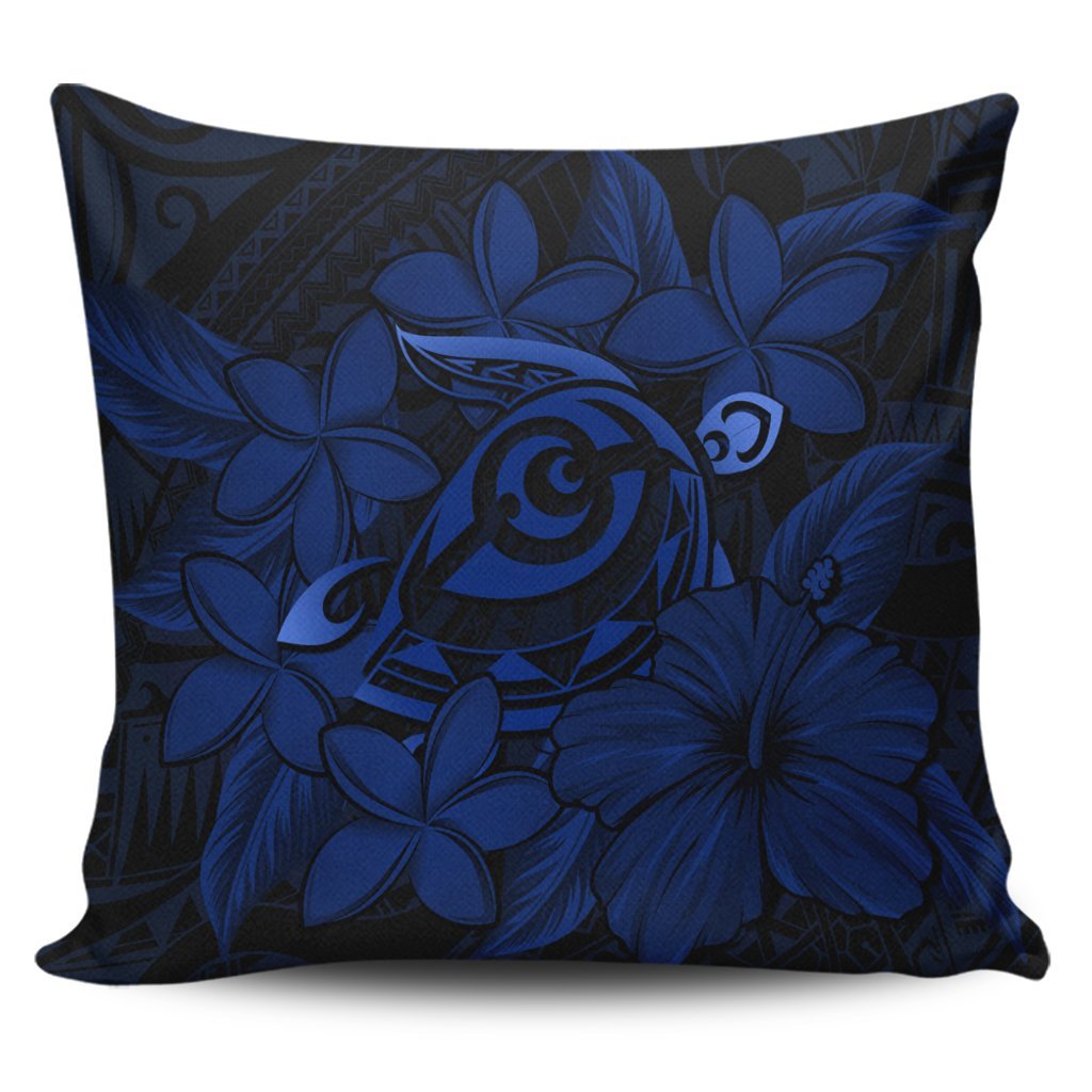 Hawaiian Turtle Hibiscus Plumeria Kanaka Polynesian Pillow Covers Blue - Soft Style - AH Pillow Covers Black - Polynesian Pride