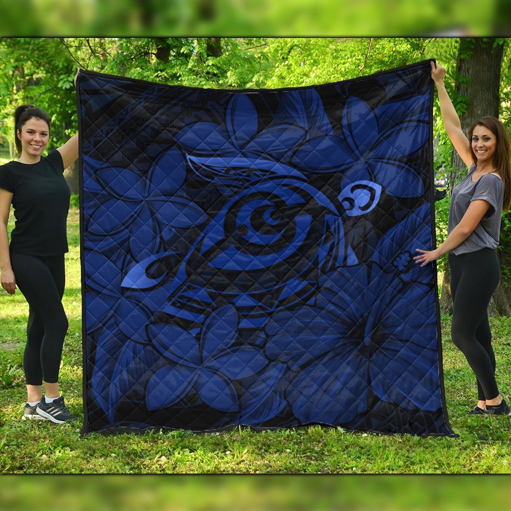 Hawaiian Turtle Hibiscus Plumeria Kanaka Polynesian Premium Quilts Blue - Soft Style - AH Black - Polynesian Pride