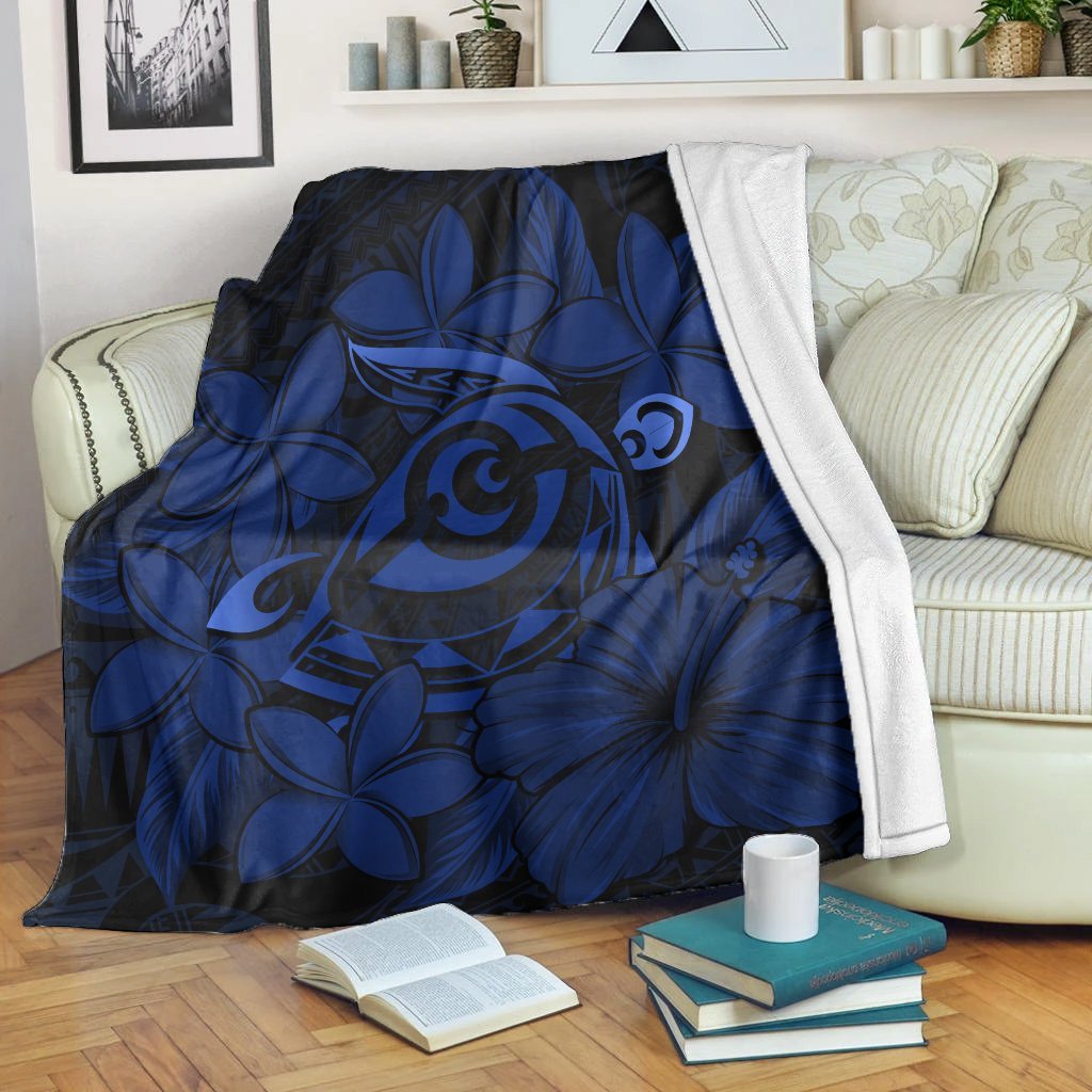 Hawaiian Turtle Hibiscus Plumeria Kanaka Polynesian Premium Blankets Blue - Soft Style - AH White - Polynesian Pride