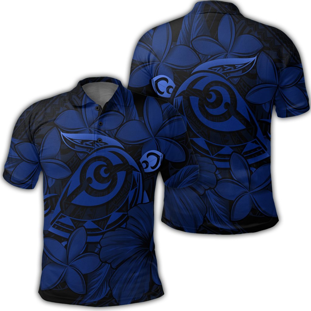 Hawaiian Turtle Hibiscus Plumeria Kanaka Polynesian Polo Shirt Blue Soft Style Unisex Black - Polynesian Pride