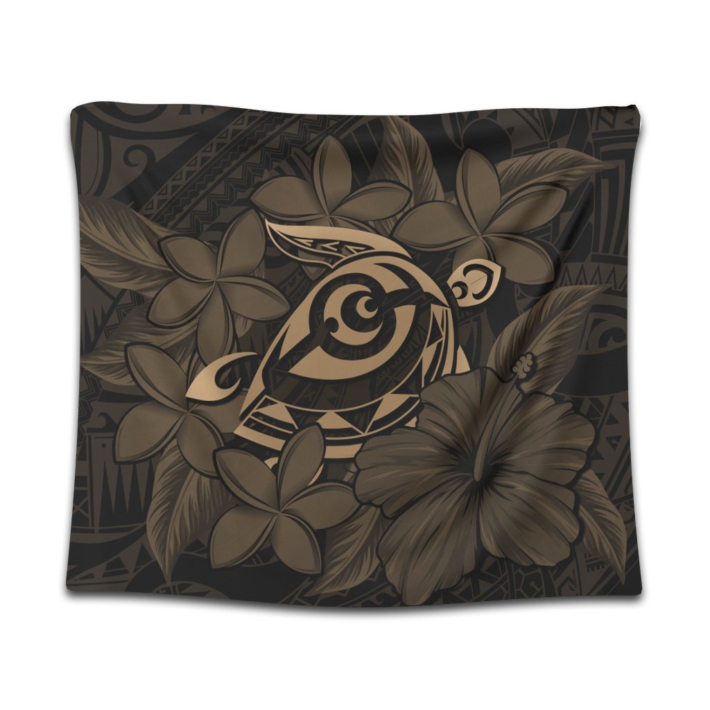 Hawaiian Turtle Hibiscus Plumeria Kanaka Polynesian Tapestry Gold - Soft Style - AH Wall Tapestry Black - Polynesian Pride