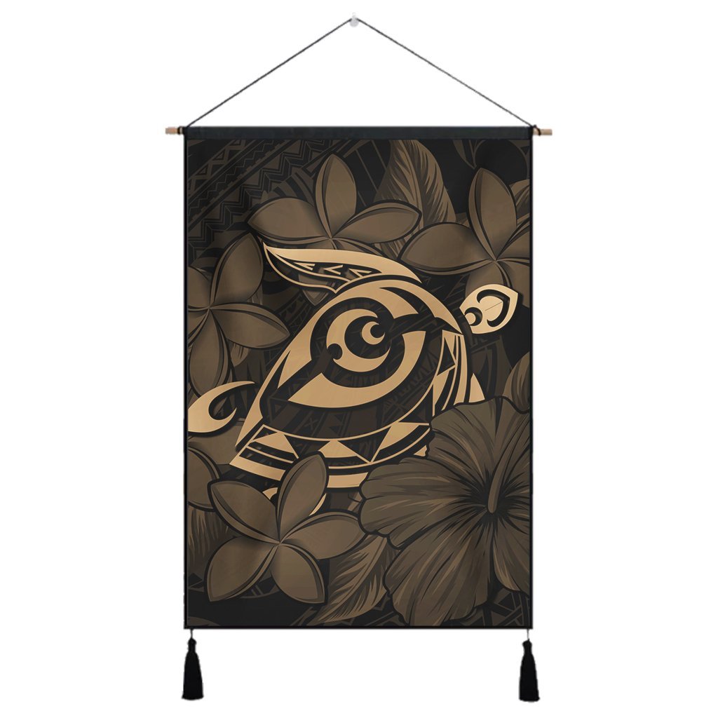 Hawaiian Turtle Hibiscus Plumeria Kanaka Polynesian Hanging Poster Gold - Soft Style - AH Hanging Poster Cotton And Linen - Polynesian Pride