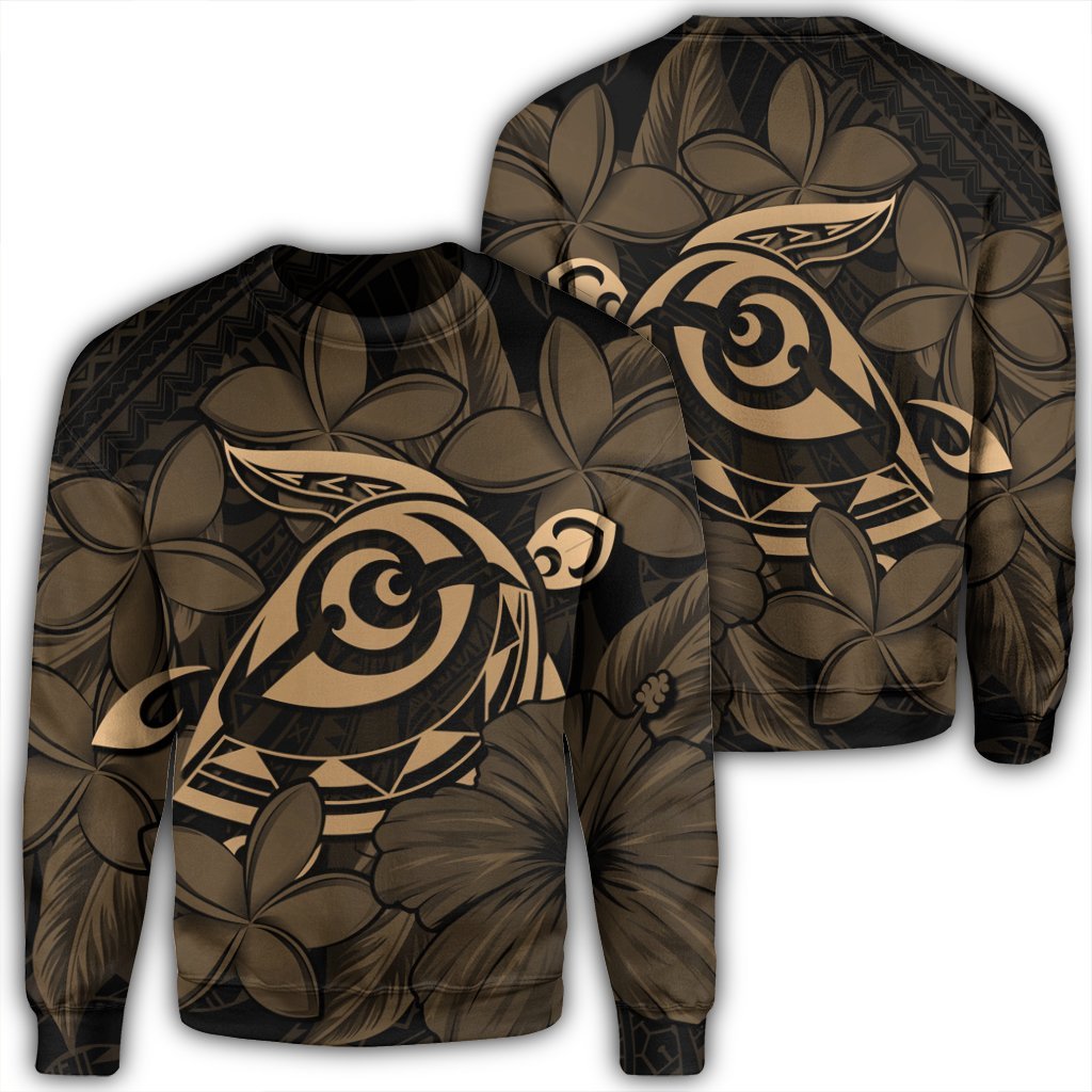 Hawaiian Turtle Hibiscus Plumeria Kanaka Polynesian Sweatshirt Gold - Soft Style - AH Unisex Black - Polynesian Pride