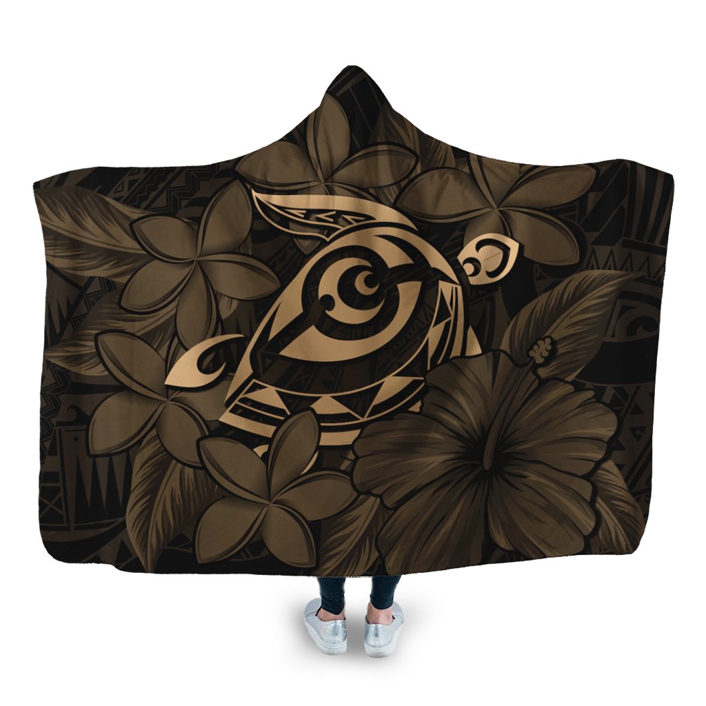 Hawaiian Turtle Hibiscus Plumeria Kanaka Polynesian Hooded Blanket Gold - Soft Style - AH Hooded Blanket White - Polynesian Pride