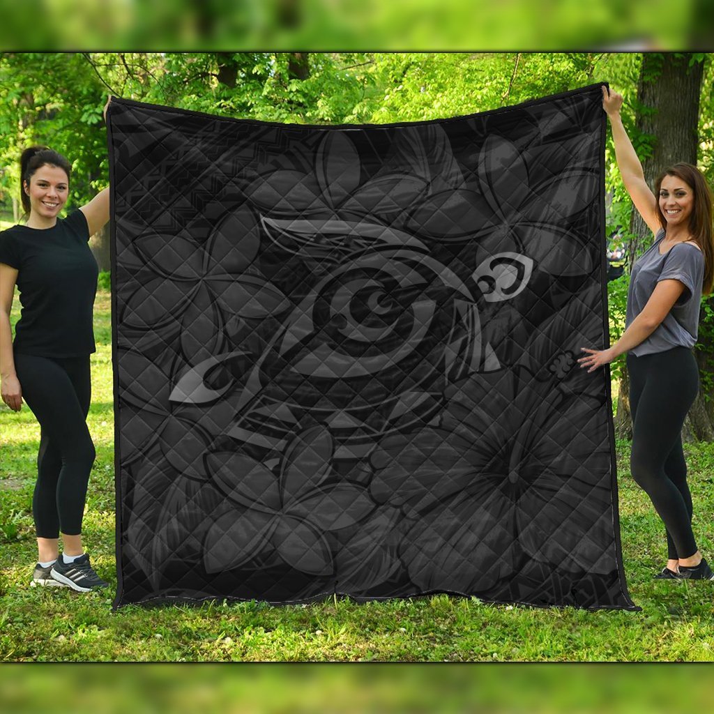 Hawaiian Turtle Hibiscus Plumeria Kanaka Polynesian Premium Quilts Gray - Soft Style - AH Black - Polynesian Pride