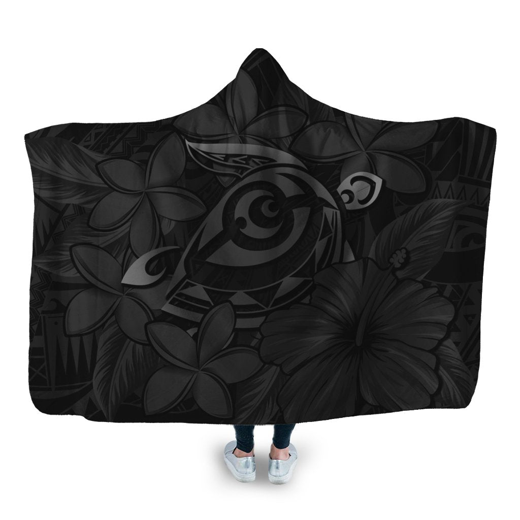 Hawaiian Turtle Hibiscus Plumeria Kanaka Polynesian Hooded Blanket Gray - Soft Style - AH Hooded Blanket White - Polynesian Pride