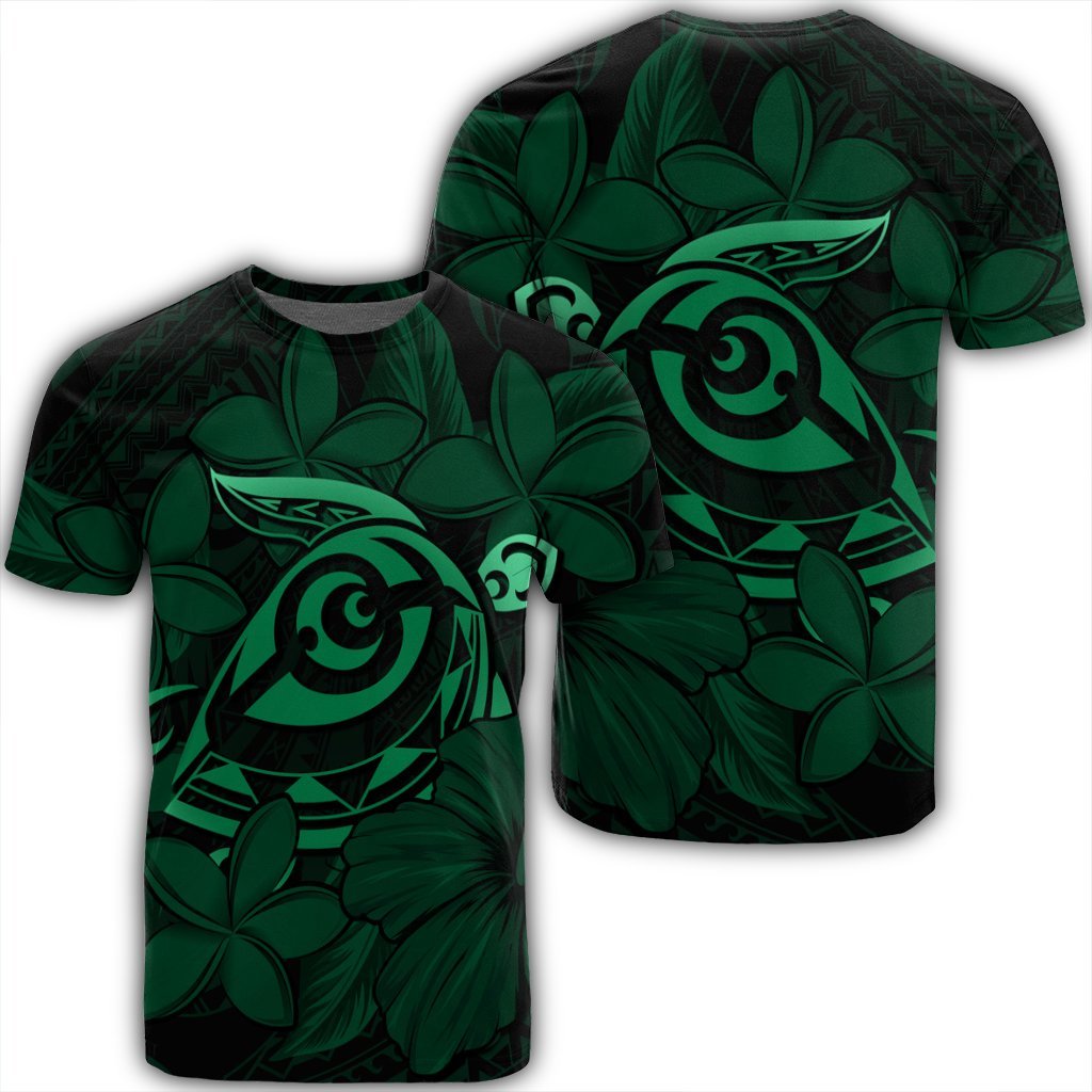 Hawaiian Turtle Hibiscus Plumeria Kanaka Polynesian T Shirt Green Soft Style AH Unisex Black - Polynesian Pride