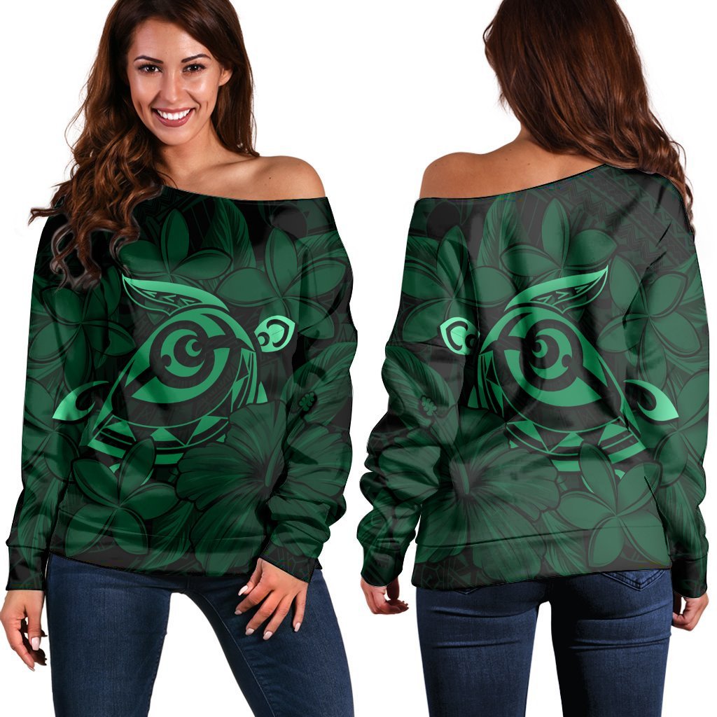 Hawaiian Turtle Hibiscus Plumeria Kanaka Polynesian Women's Off Shoulder Sweater Green - Soft Style - AH Black - Polynesian Pride