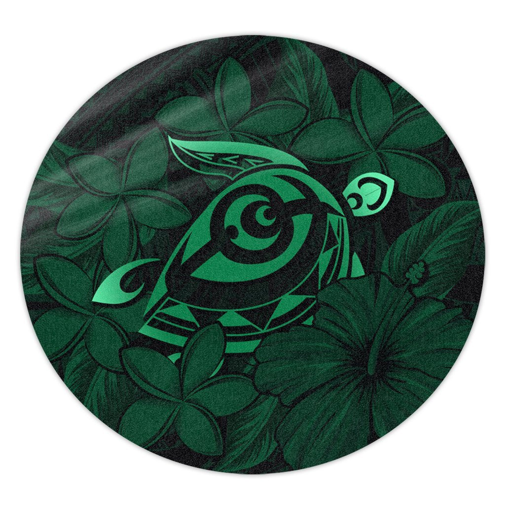 Hawaiian Turtle Hibiscus Plumeria Kanaka Polynesian Round Carpet Green - Soft Style - AH Round Carpet Luxurious Plush - Polynesian Pride