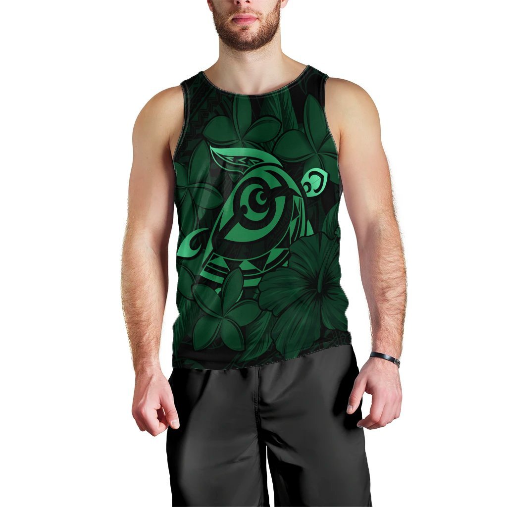 Hawaiian Turtle Hibiscus Plumeria Kanaka Polynesian Tank Top Green - Soft Style - AH Black - Polynesian Pride