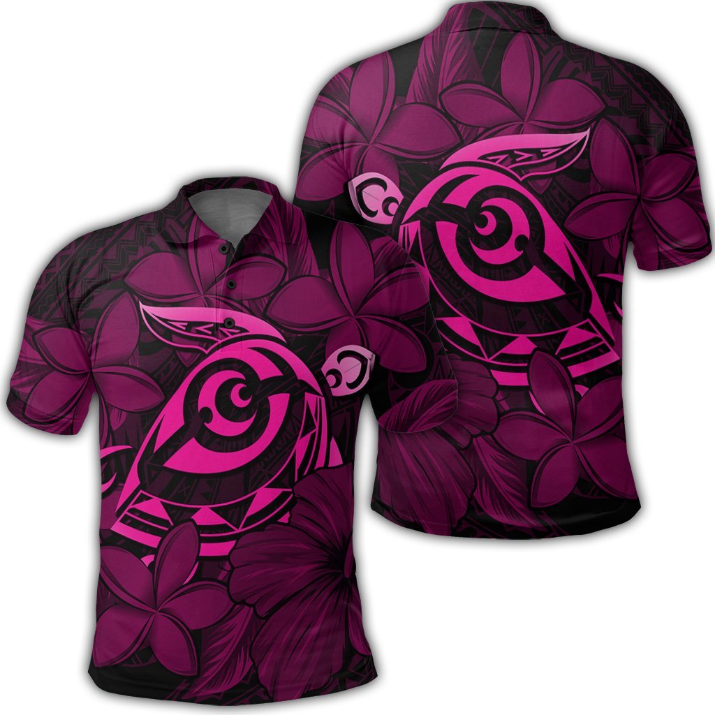 Hawaiian Turtle Hibiscus Plumeria Kanaka Polynesian Polo Shirt Pink Soft Style Unisex Black - Polynesian Pride