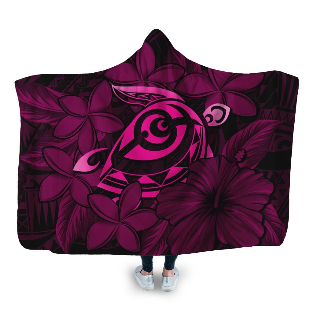 Hawaiian Turtle Hibiscus Plumeria Kanaka Polynesian Hooded Blanket Pink - Soft Style - AH Hooded Blanket White - Polynesian Pride