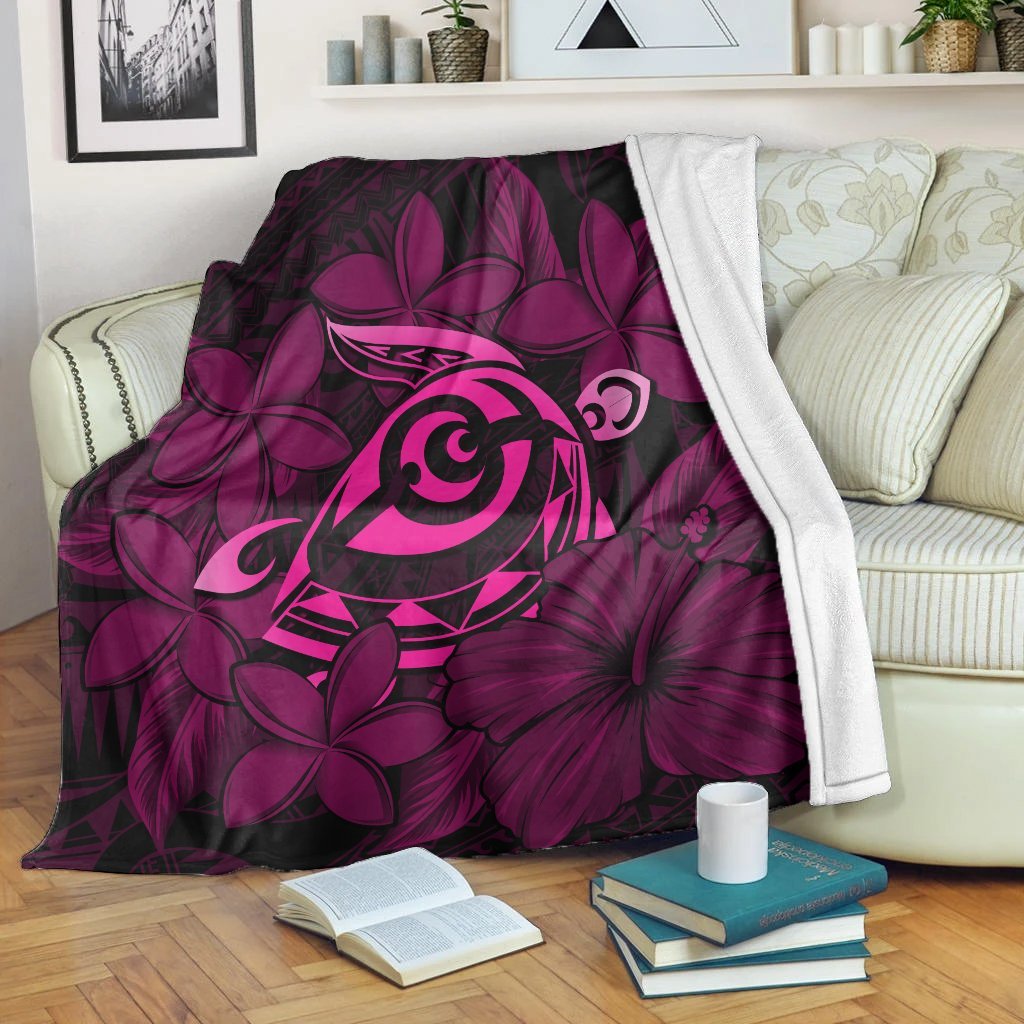 Hawaiian Turtle Hibiscus Plumeria Kanaka Polynesian Premium Blankets Pink - Soft Style - AH White - Polynesian Pride