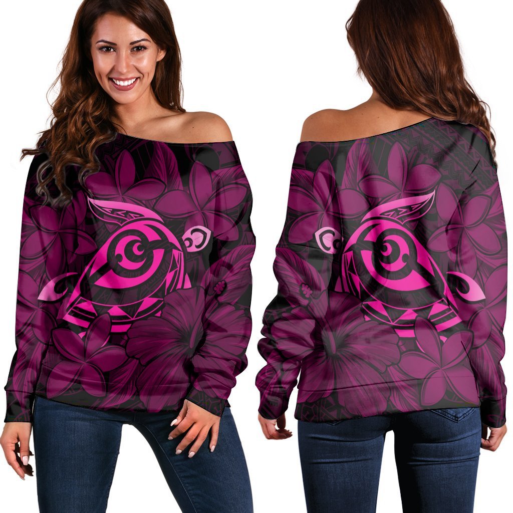 Hawaiian Turtle Hibiscus Plumeria Kanaka Polynesian Women's Off Shoulder Sweater Pink - Soft Style - AH Black - Polynesian Pride