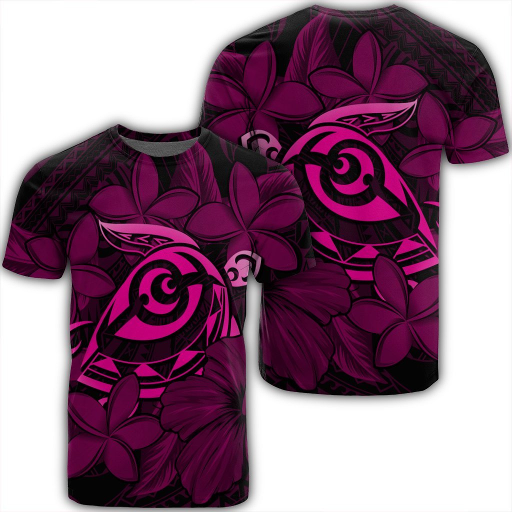 Hawaiian Turtle Hibiscus Plumeria Kanaka Polynesian T Shirt Pink Soft Style AH Unisex Black - Polynesian Pride