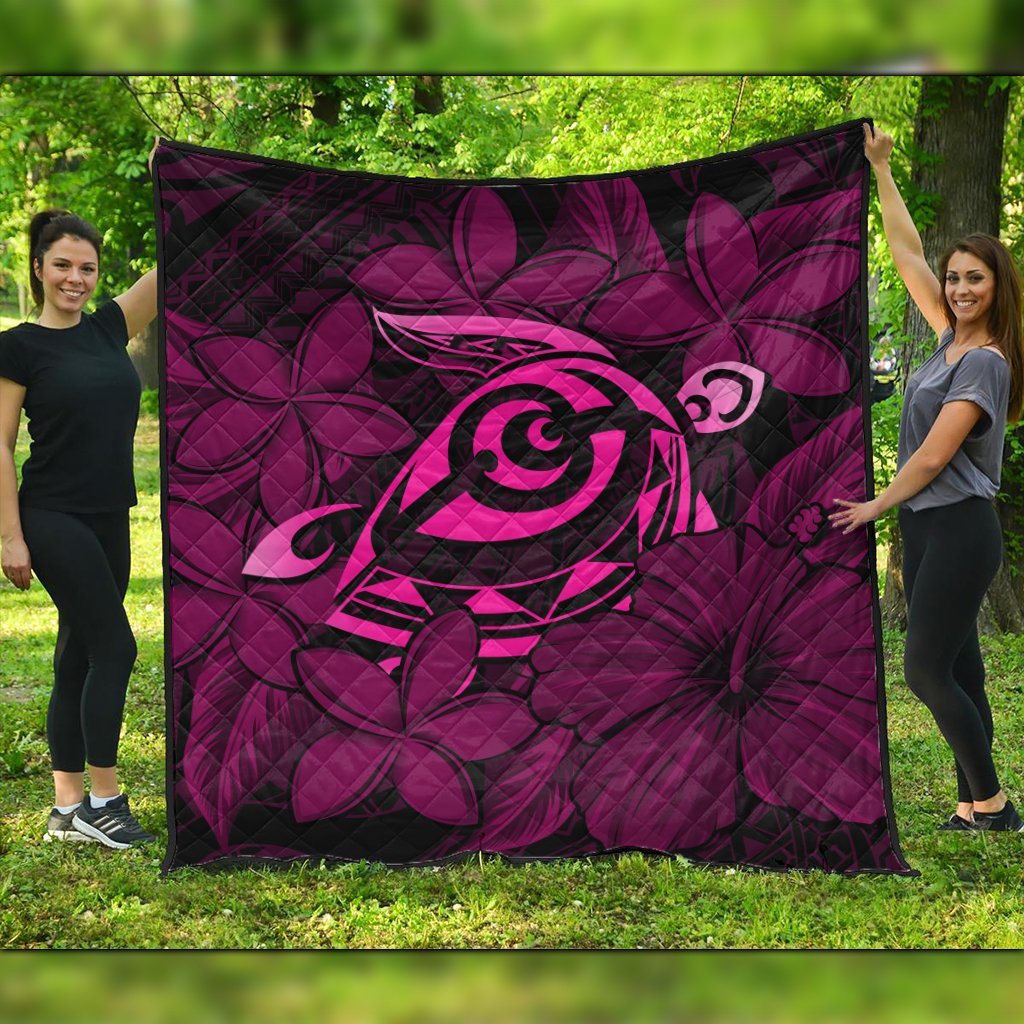 Hawaiian Turtle Hibiscus Plumeria Kanaka Polynesian Premium Quilts Pink - Soft Style - AH Black - Polynesian Pride