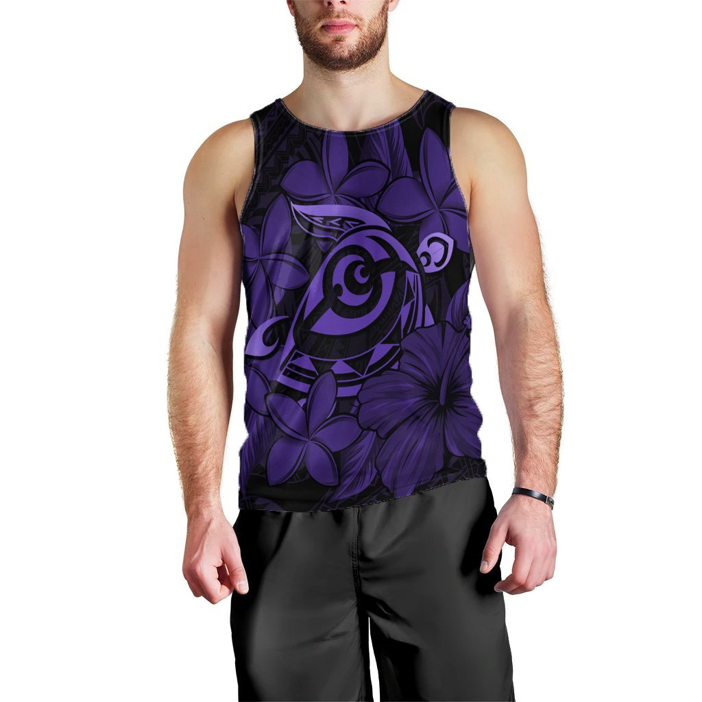 Hawaiian Turtle Hibiscus Plumeria Kanaka Polynesian Tank Top Purple - Soft Style - AH Black - Polynesian Pride