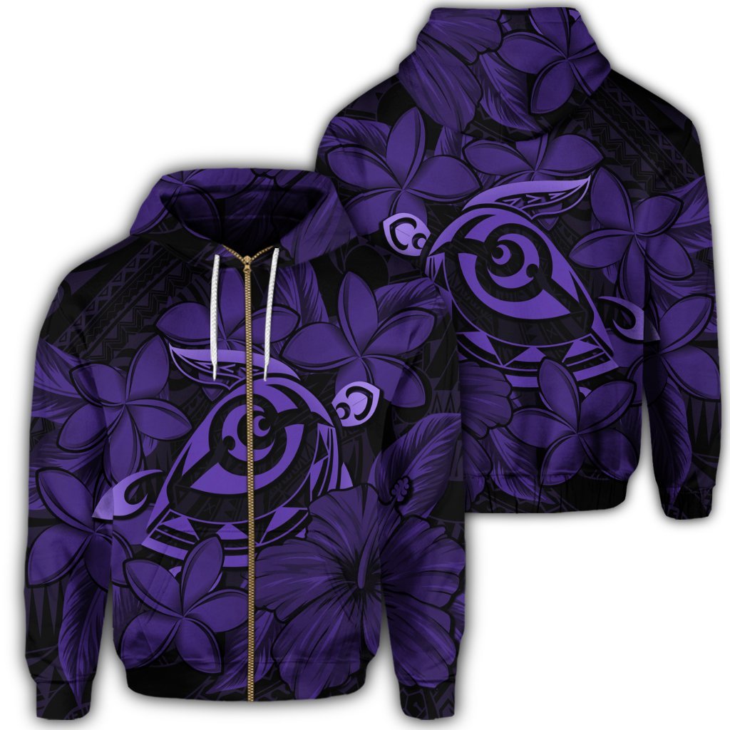 Hawaiian Turtle Hibiscus Plumeria Kanaka Polynesian Zip Hoodie Purple Soft Style Unisex Art - Polynesian Pride