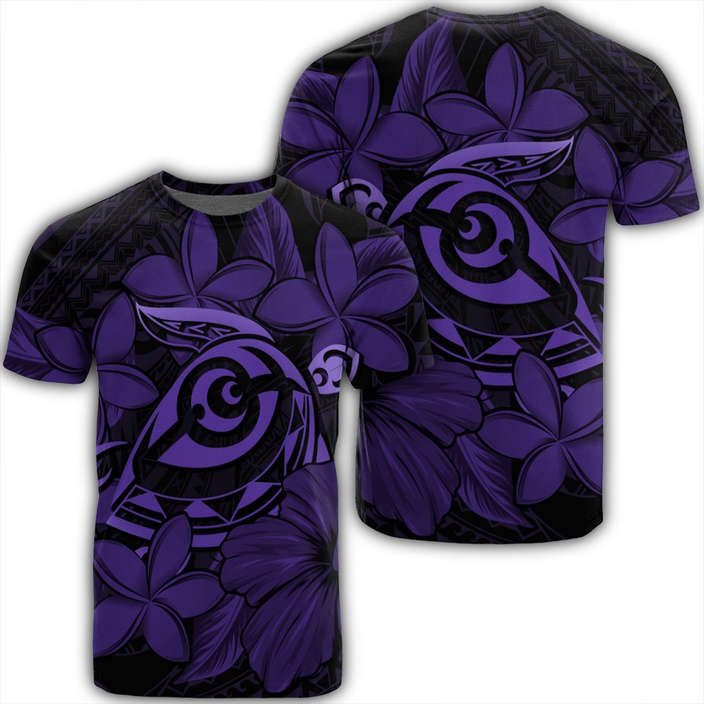 Hawaiian Turtle Hibiscus Plumeria Kanaka Polynesian T Shirt Purple Soft Style AH Unisex Black - Polynesian Pride