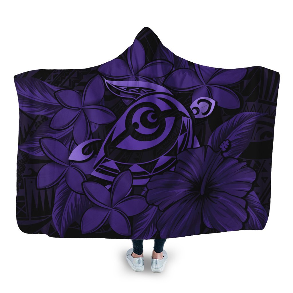 Hawaiian Turtle Hibiscus Plumeria Kanaka Polynesian Hooded Blanket Purple - Soft Style - AH Hooded Blanket White - Polynesian Pride