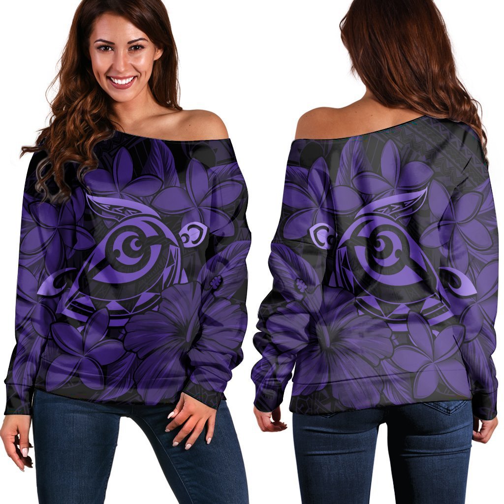 Hawaiian Turtle Hibiscus Plumeria Kanaka Polynesian Women's Off Shoulder Sweater Purple - Soft Style - AH Black - Polynesian Pride