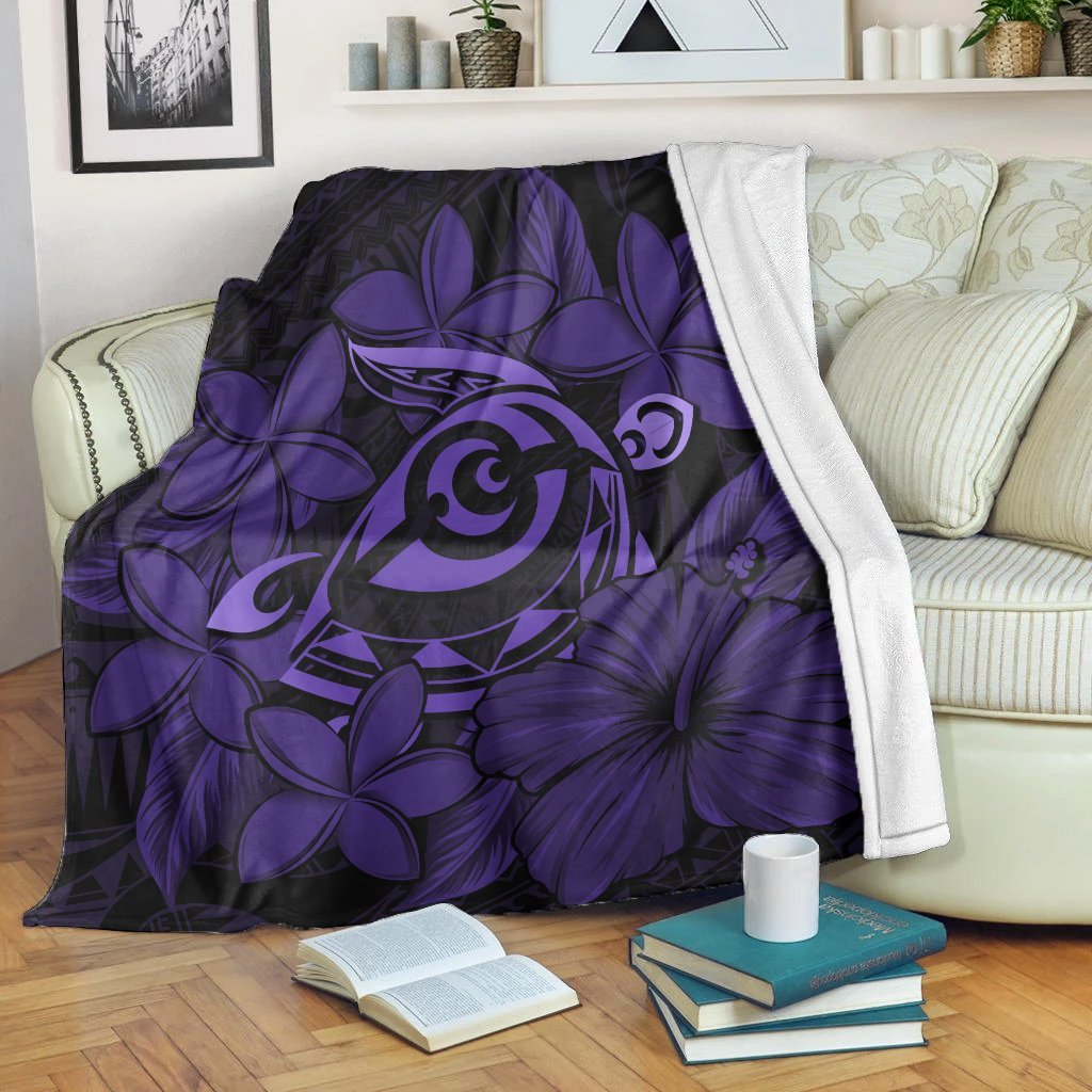 Hawaiian Turtle Hibiscus Plumeria Kanaka Polynesian Premium Blankets Purple - Soft Style - AH White - Polynesian Pride