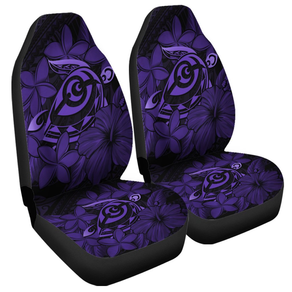 Hawaiian Turtle Hibiscus Plumeria Kanaka Polynesian Car Seat Covers Purple - Soft Style - AH Universal Fit Black - Polynesian Pride