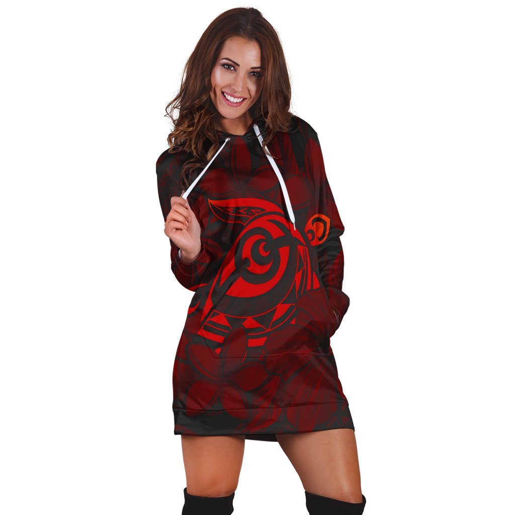 Hawaiian Turtle Hibiscus Plumeria Kanaka Polynesian Hoodie Dress Red - Soft Style - AH - Polynesian Pride